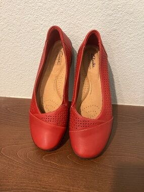 Clarks Red Laser-Cut Leather Slip-On Flats
